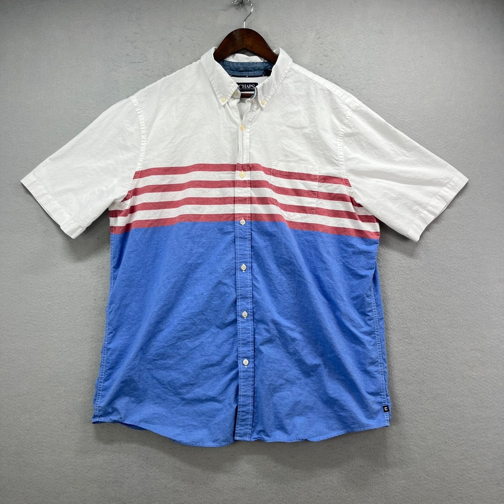 Chaps Button Up Mens‎ XXL White Blue Red Stripe Patriotic Preppy Nautical